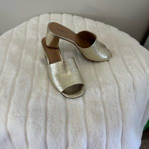 Gold slip on sandals 2.3/4” heel